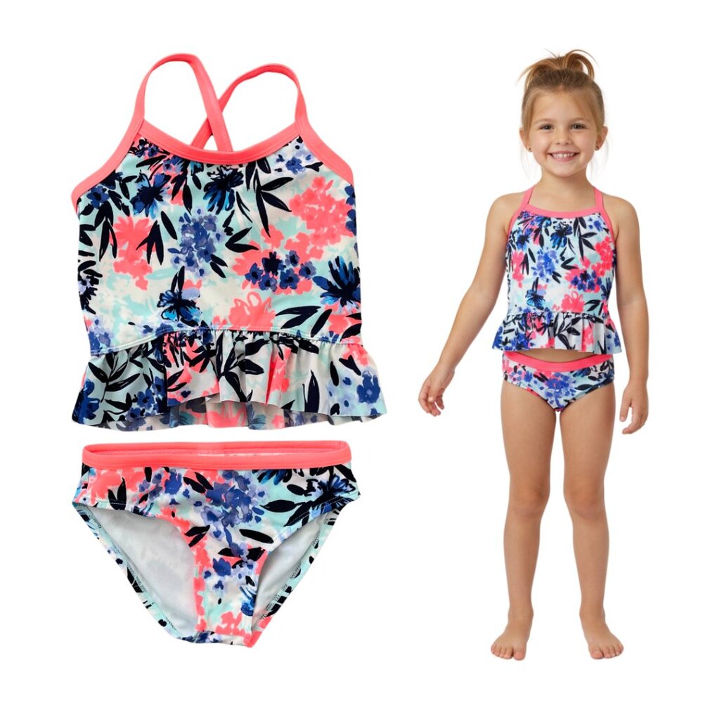 Gymboree Bikini Girls Small 5-6 T Swimsuit Two Piece Ruffled Flowers Neon Pink